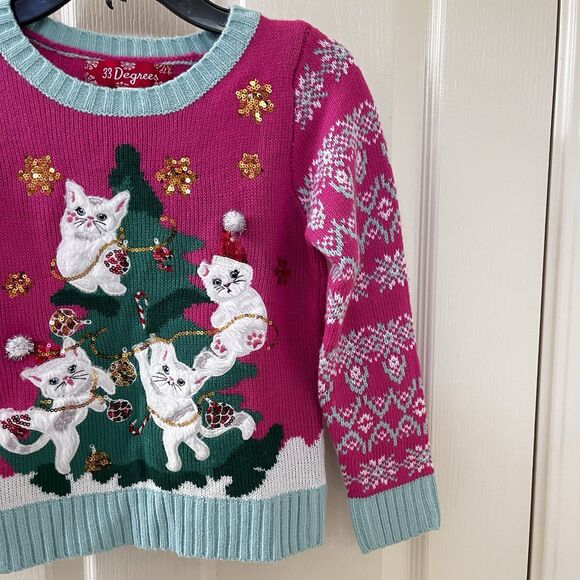 33 Degrees Cats in Christmas Tree Ugly Christmas Sweater Pink Girls Size XS 6/6X - Picture 6 of 14